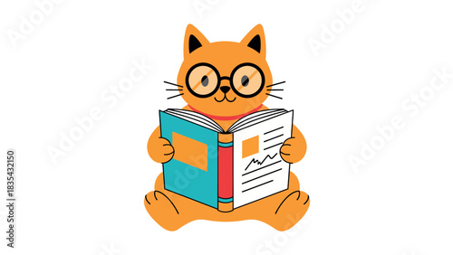 Cartoon Orange Cat Reading a Book with Glasses.