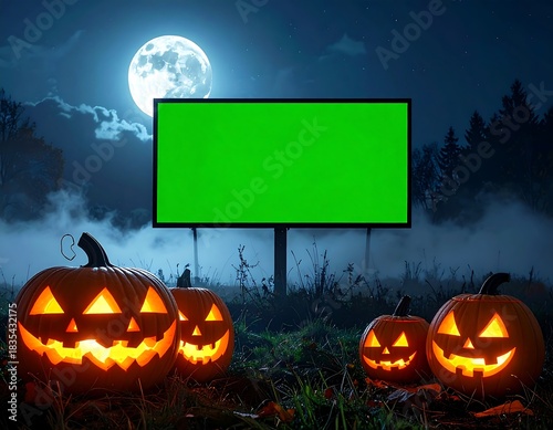 Dark and spooky Halloween night featuring glowing jack-o'-lanterns, atmospheric mist, and a prominent green screen billboard under a luminous full moon