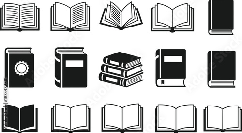 Collection of fifteen open and closed book icons, stacked hardcover books, pages and spine visible, literature, learning, education, reading, black vector silhouette set, knowledge, bookstore.