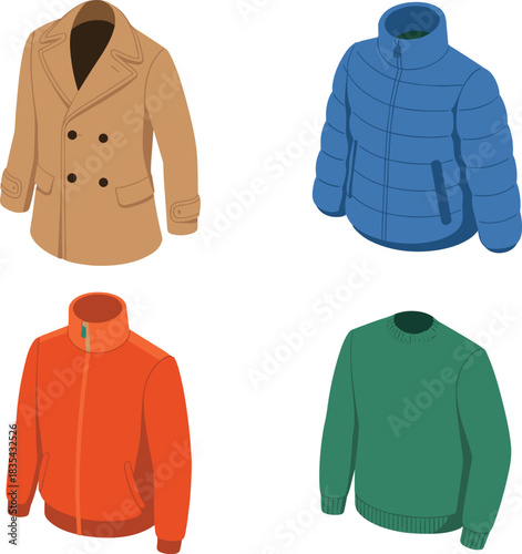 Flat illustration set of winter clothing including coat, puffer jacket, sweater, and zip-up jacket, warm seasonal fashion apparel collection
