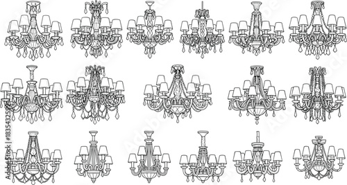 Collection of fifteen vintage ornate chandelier vector illustrations, luxury antique lighting fixtures, crystal pendants, decorative ceiling lamps, elegant baroque interior design elements