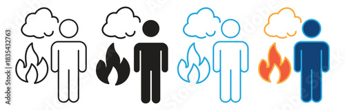 Burnout Icon Set. Depicting Stress, Exhaustion and Mental Overload with Flames, Brain and Exclamation Symbols, Perfect for Business, Healthcare, and Psychology Themes. Vector illustration.