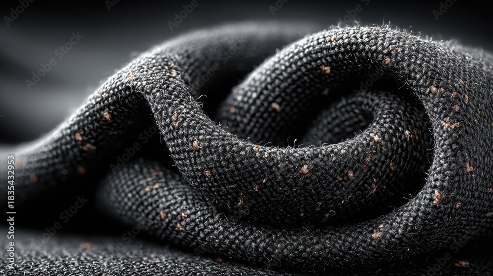 Fototapeta premium Close-up of rolled black tweed fabric with brown flecks in soft studio lighting on dark blurred background, concept of premium menswear tailoring texture