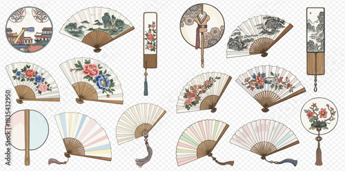 A collection of traditional Asian hand fans with various intricate designs including landscapes, floral patterns, and cultural motifs.