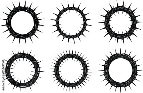 Abstract spiked circular shapes, hand-drawn radial patterns, grunge geometric rings, artistic black silhouettes, edgy design elements for creative backgrounds, vector illustration