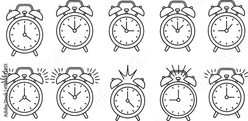 Alarm clock line icons showing ringing and silent modes, vintage wake-up timer illustrations for time management, schedule reminders, morning vector design