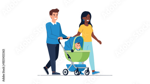 Diverse happy parents strolling a smiling baby in a bright modern stroller during a cheerful outing