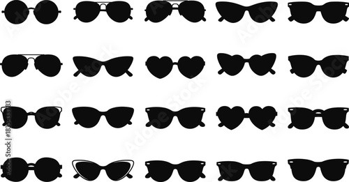 Large collection of twenty black silhouette sunglasses, various fashionable women's and men's styles, heart shaped, cat eye, aviator, and round frames, summer accessory, vector set.