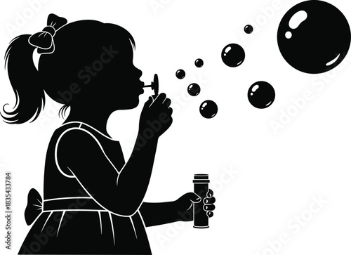 Black Silhouette of a young girl with a ponytail and ribbon bow, blowing playful soap bubbles from a wand, holding the liquid bottle; happy childhood fun. vector