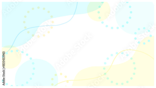 ポップで可愛い、流体シェイプとメンフィス風な円の背景 パステル水色 黄色