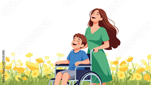 Joyful mother pushing happy child in wheelchair through vibrant spring meadow filled with yellow flowers