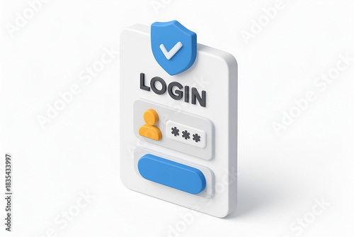 Secure Access: A 3D illustration of a digital login interface showcases secure access with a password, user, and a shield icon. The design signifies data protection and secure transactions.