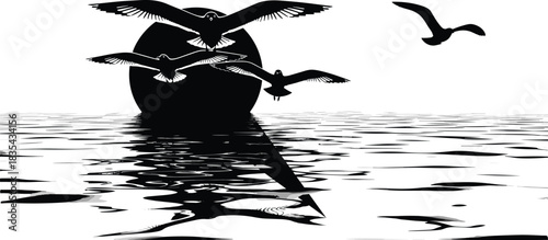 Monochromatic vector illustration of three seagulls flying over the ocean at sunset or sunrise, large black sun disc reflected on rippling water surface, minimal design, nature, freedom, tranquility.