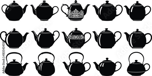 Collection of fifteen antique and modern teapot and kettle silhouettes, including decorative patterns, for hot beverages like tea and coffee, vector illustration set, black and white.