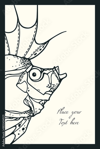 Vector card with hand drawn illustration of a deep sea fish made in graphic steampunk style. Ink drawing, beautiful design elements. Perfect print for any business related to the fish industry.