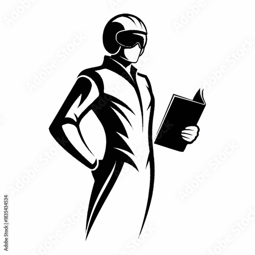 Pilot Reading a Book with a Determined Expression.