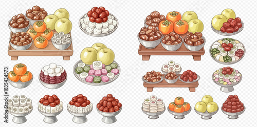 A vibrant collection of traditional Korean ceremonial foods including fruits, nuts, and colorful rice cakes arranged on stands and in bowls.