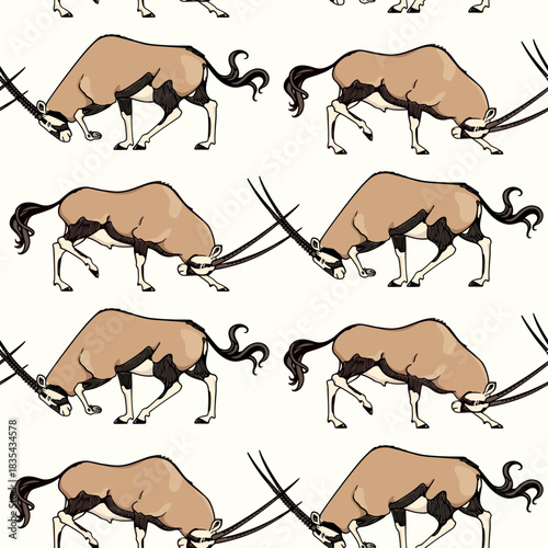 Vector seamless pattern with hand drawn male oryxes in a duel with their heads down and horns locked. Ink drawing, graphic style. Beautiful wild animal illustration, perfect for prints and patterns