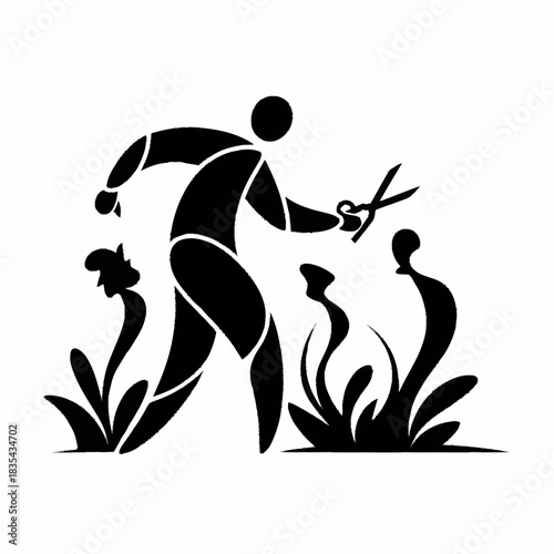 Abstract black silhouette of a person gardening with scissors.
