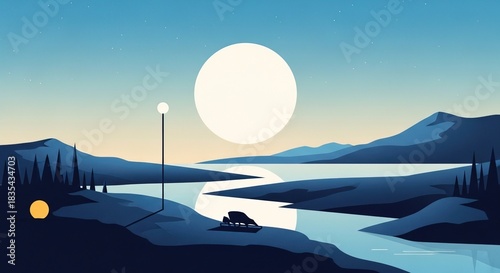 Peaceful twilight landscape with mountains, lake, moon, and deer by the water in calming blue tones for a serene and tranquil feel, perfect for relaxation
