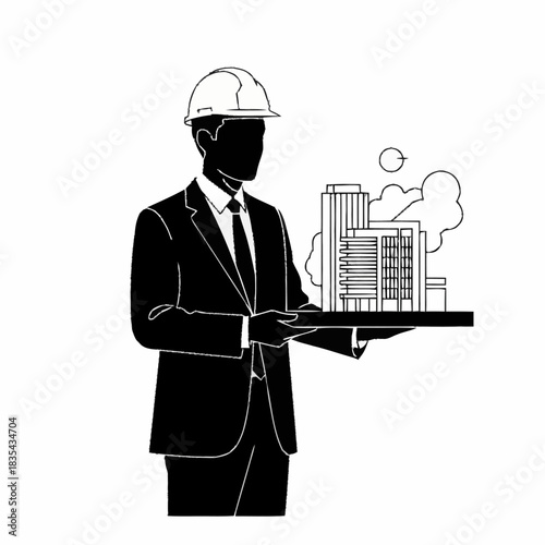 Architect in hard hat holding building model, professional construction engineer.