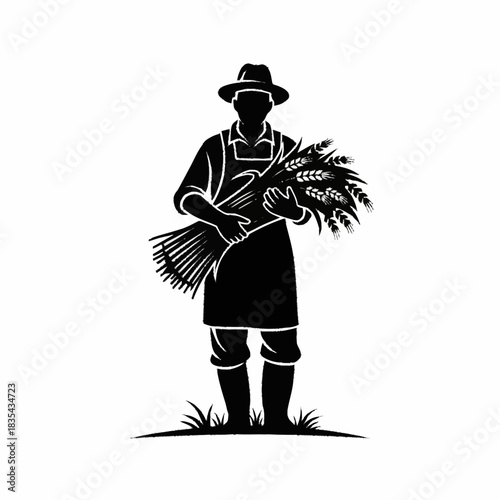 Black and white silhouette of a farmer holding a sheaf of wheat.