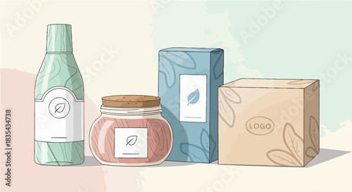 Natural cosmetic product packaging illustration. Minimalist design with organic leaf motifs, ideal for eco-friendly beauty branding, skincare, and wellness concepts