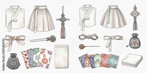 Detailed watercolor illustration of traditional Korean Hanbok garments, decorative accessories, and cultural artifacts like pouches and patterned fabrics.