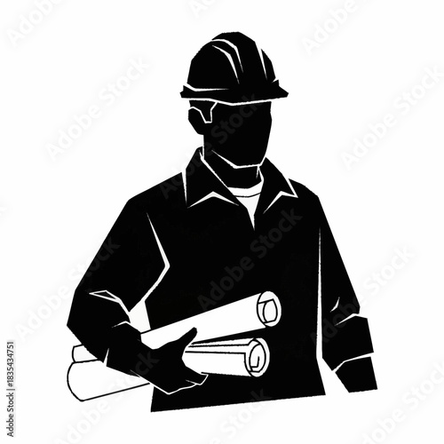 Silhouette of an engineer or architect holding blueprints.