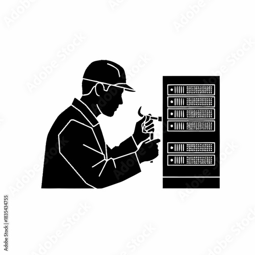 Technician working on server rack with hammer, focused maintenance.