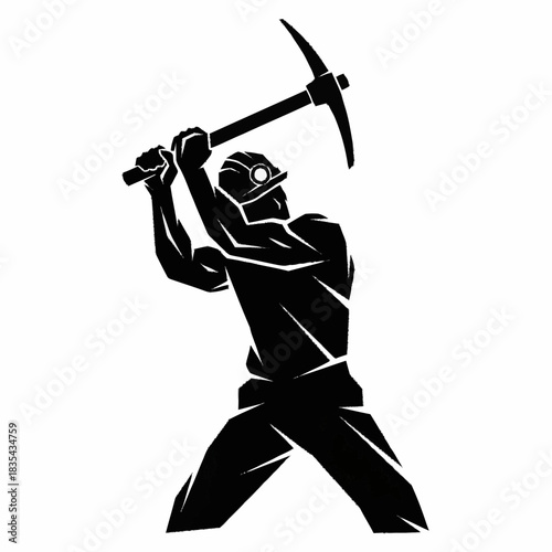 Silhouette of a miner with a pickaxe, ready to strike.