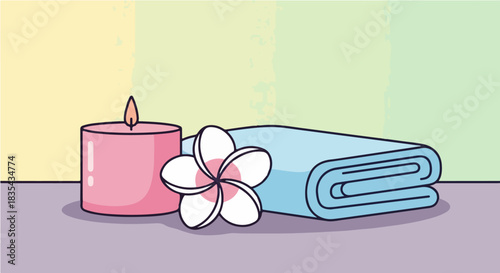 Spa Relaxation Candle, Towel and Frangipani for Wellness