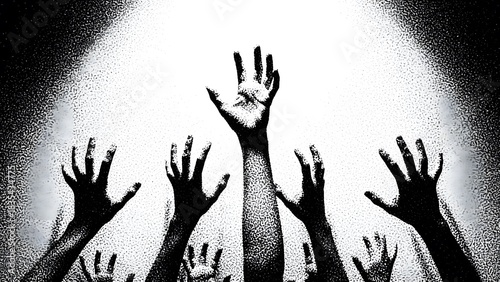 Desperate Hands Reaching Up in Dramatic Black and White perfect for editorial illustration, book cover, album art, protest material, psychological thriller
