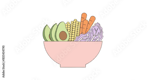 A colorful and healthy vegan food bowl with avocado, carrots, corn, and red cabbage, illustrating the concept of nutritious eating