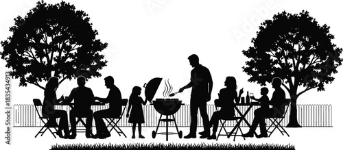 Family backyard barbecue party black silhouette vector illustration, men, women, and children enjoying summer grill, people sitting on folding chairs 