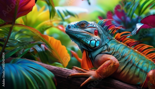 lush tropical artwork a vibrant iguana amidst exotic foliage colorful nature