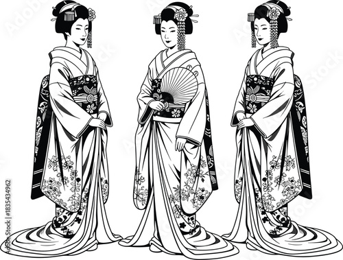 Set of three beautiful Geisha or Maiko women wearing traditional patterned kimonos and ornate hairstyles, holding a folding fan, black and white vector line art, Japanese culture, detailed.