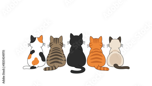Adorable lineup of five different colored cats sitting together viewed from behind in simple style