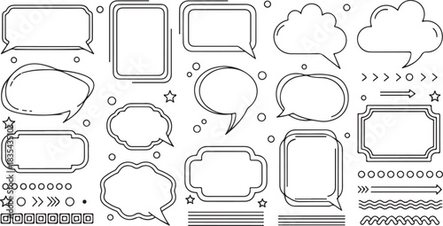 Minimal Line Art Speech Bubbles and Decorative Frames Set – Clean Outline Dialog Boxes, Labels, Arrows, and Divider Elements Illustration