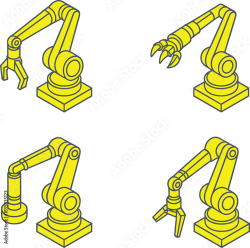 Minimalist line art illustration set of industrial robotic arms with different tool heads for automation, manufacturing, assembly, and engineering technology