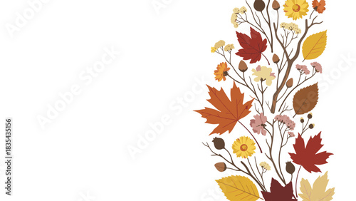 Stunning vertical border design featuring vibrant autumn leaves flowers and branches on clean white space