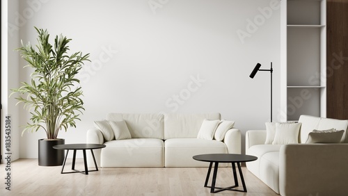 Living room in white color of the year cloud dancer 2026. Blank empty light room interior. Design in minimalist style. Modern sofas and minimalist furniture. Trend stylish lobby lounge. 3d render