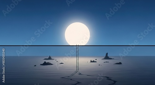 Dreamy escape to a serene horizon, climb the ladder to enlightenment and new beginnings under the glowing moon in a peaceful ocean landscape
