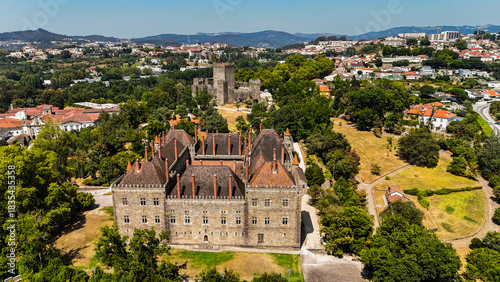 Guimaraes Portugal – Aerial View of Historic Medieval City, Ancient Castle, Stone Streets and Sunrise Light Over the Birthplace of Portugal