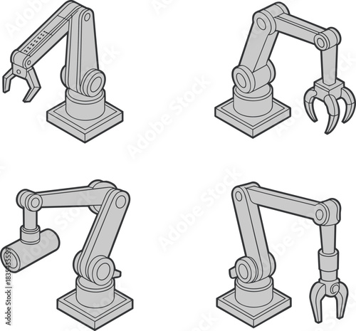 Minimalist line art illustration set of industrial robotic arms with different tool heads for automation, manufacturing, assembly, and engineering technology