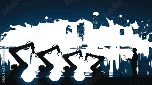 Industrial robot arms manufacturing automation technology, futuristic smart factory operations, engineer worker monitors automated robotic 