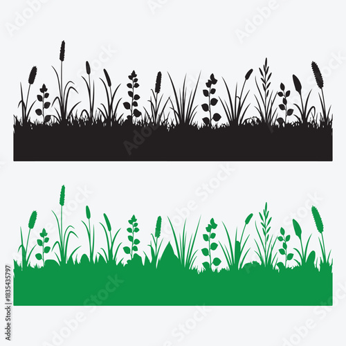 Grass and weed silhouettes with cattail reeds, natural border design.