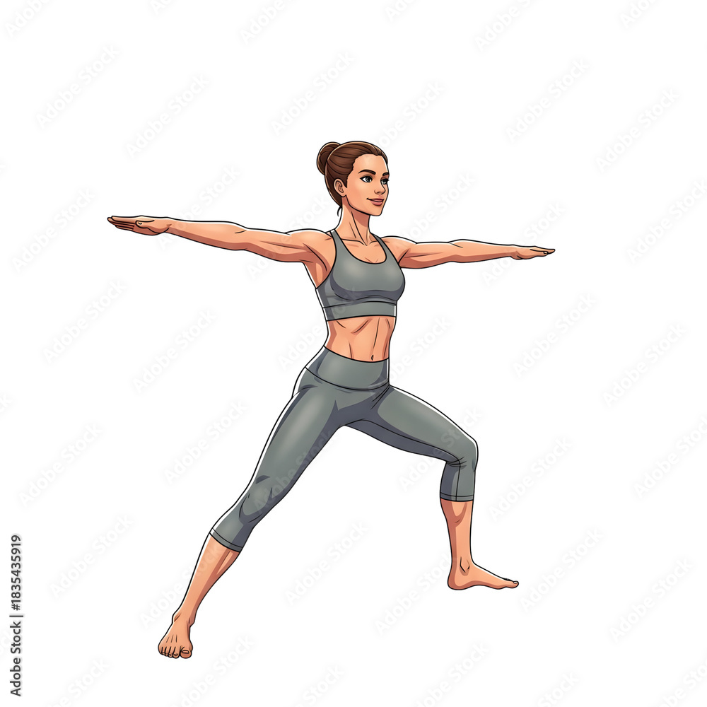 Obraz premium Fit athletic woman confidently holding Warrior Two yoga pose demonstrating strength and balance in sportswear