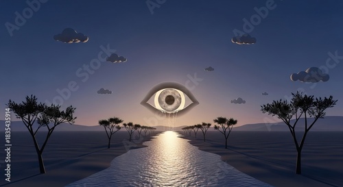 Surreal landscape with giant crying eye above serene water path