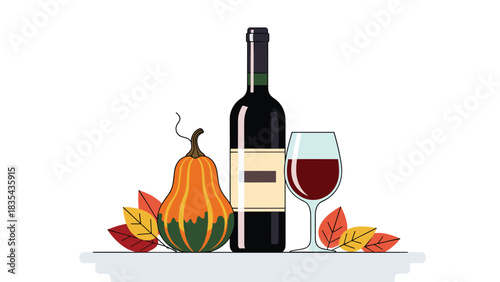 Elegant autumn harvest display featuring rich red wine, decorative gourd, and vibrant fall foliage accents